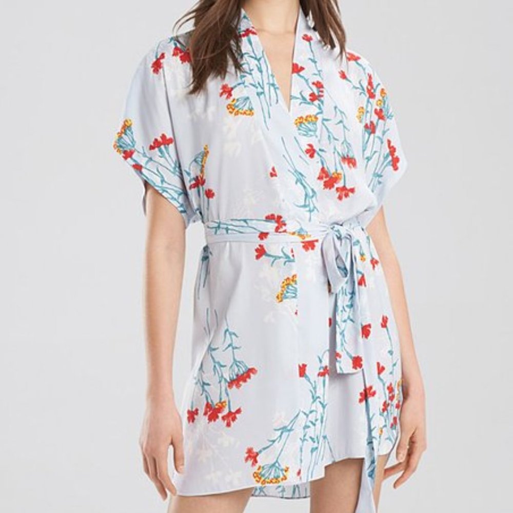 Josie Natori Meadow Robe Wrap  Loungewear Silver Blue Sz M NEW